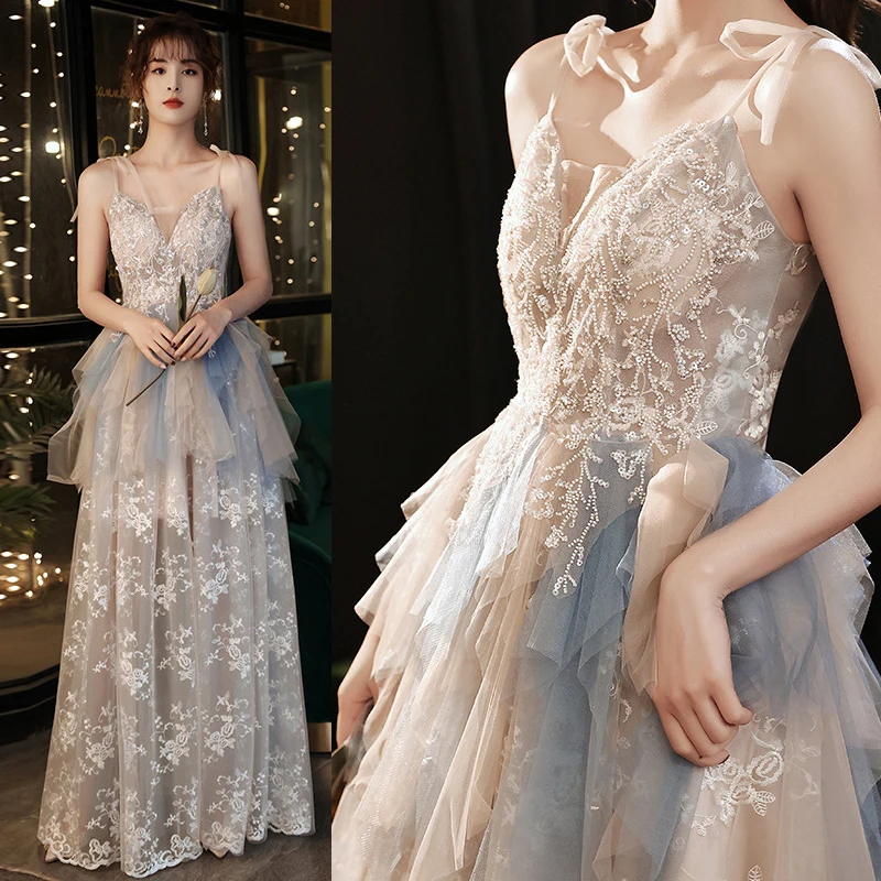 

Сексуальное длинное платье с вышивкой из бисера с блестящими подтяжками с V-образным вырезом бальное платье Сетчатое платье вечернее платье для подружки невесты вечернее платье