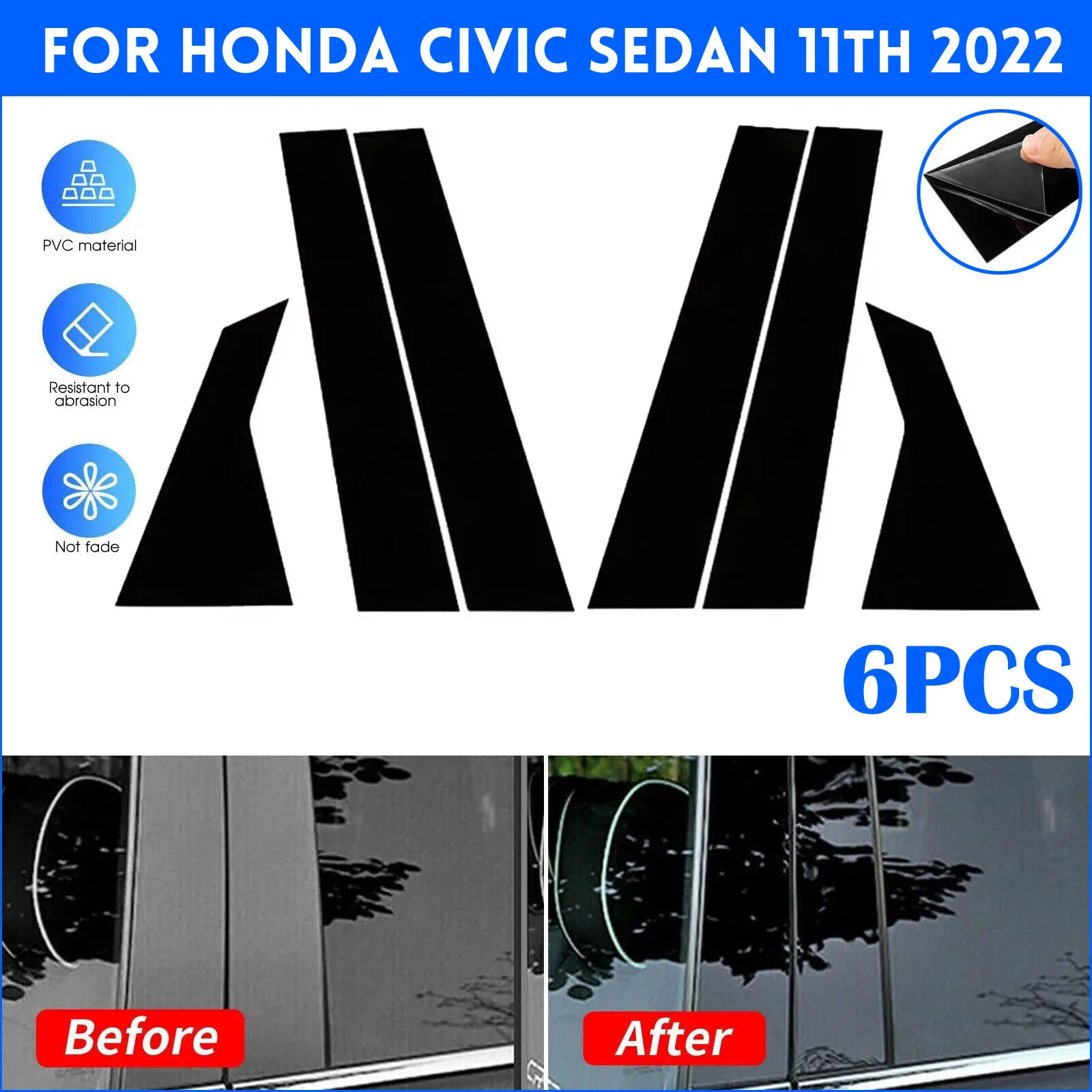 

6Pcs For Honda Civic sedan 11th 2022 Black Window Pillar Posts Cover Door Trims Stickers Exterior Car Accessories