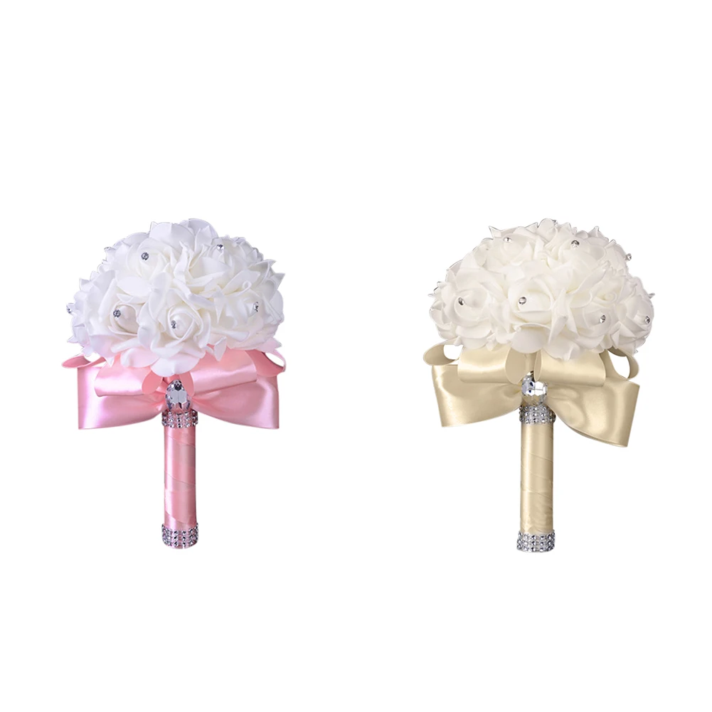 1PC PE Rose Bridesmaid Wedding Foam Flowers Artificial Rose Flowers Wedding Bouquets Rose Bridal Bouquet Ribbon Fake Wedding Bouquet