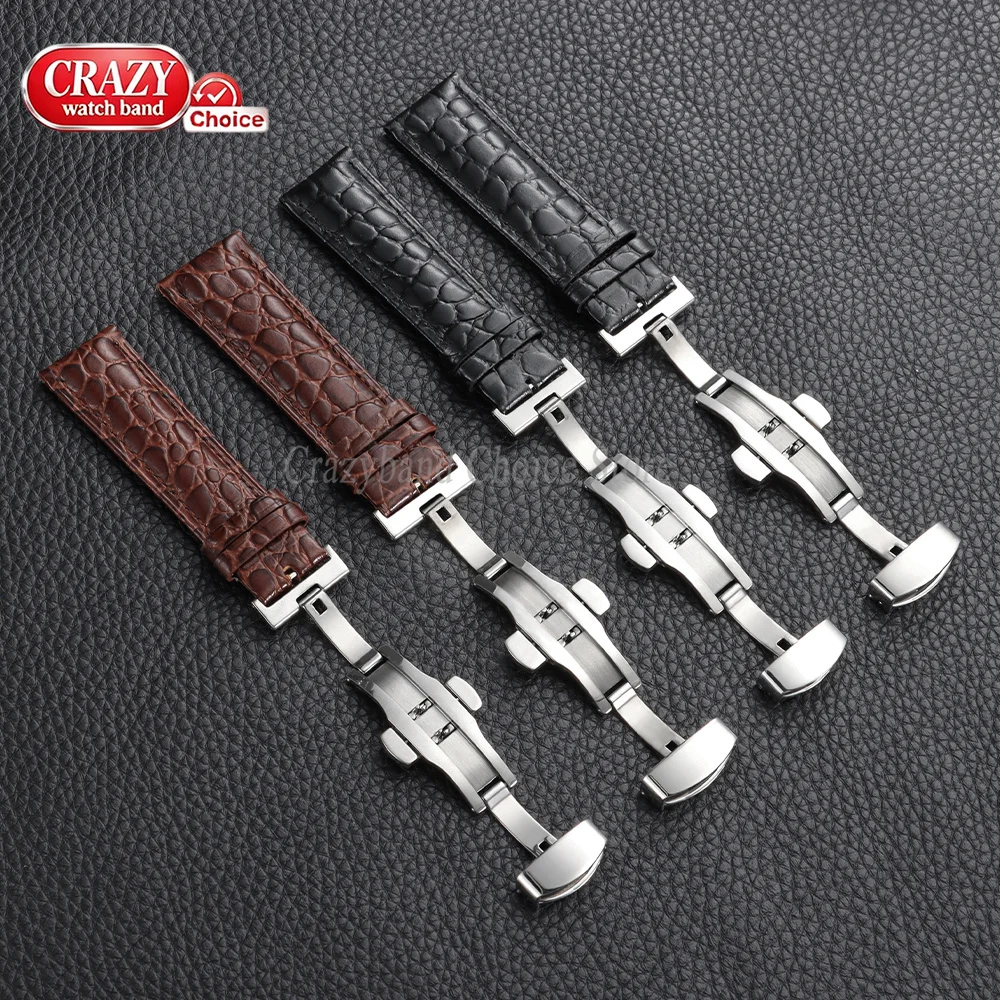Luxury Embossed Leather Watch Strap with Butterfly Clasp - Business Brown & Black Wristband