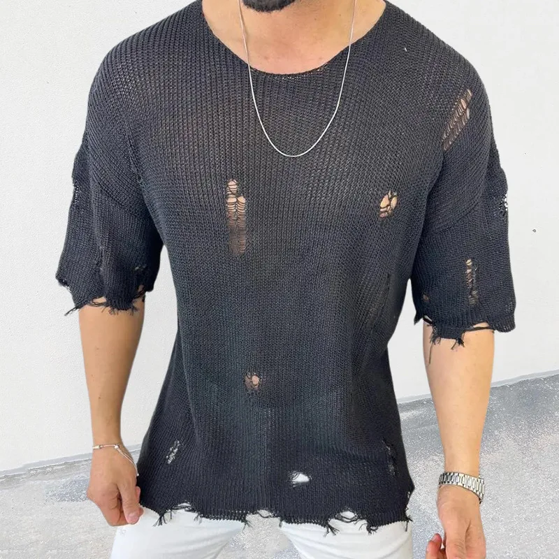 2023 Summer Men Sweater Thin Short Sleeve O-neck Knitted T