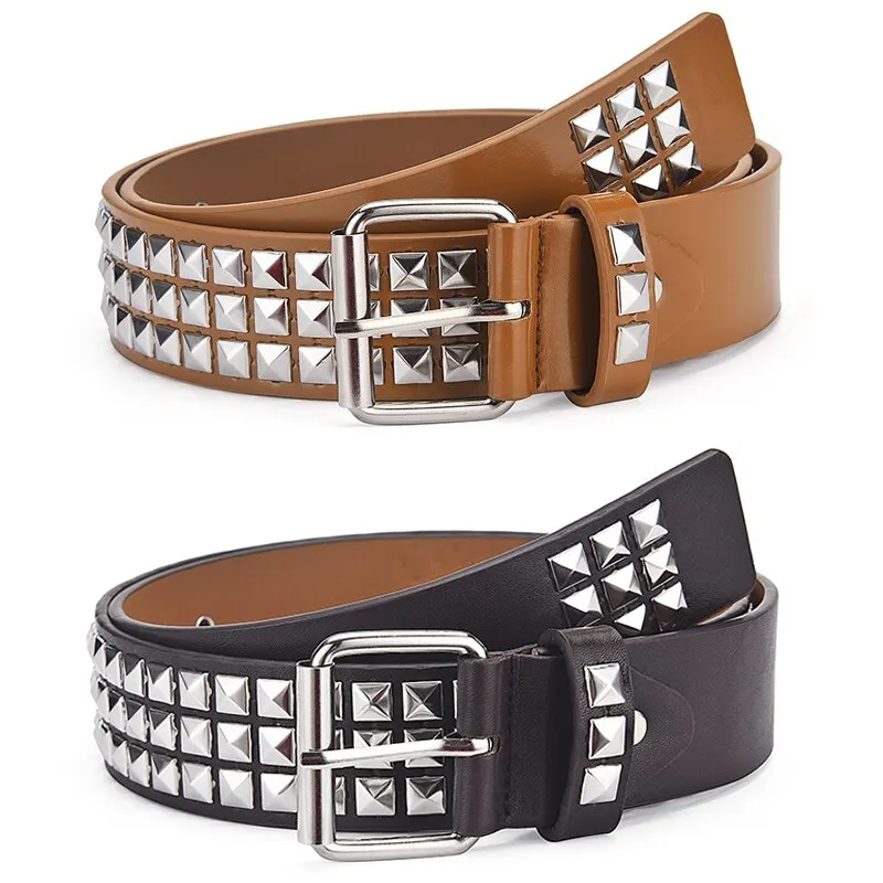 New fashion square studded metal pyramid belt for men and women, punk style jeans belt, Y2K designer belt for women.