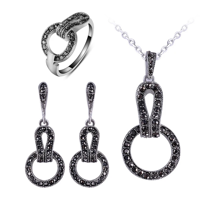 Size 7-9 Vintage Jewelry Sets Women Black CZ Necklace Earrings Jewelry Accessories