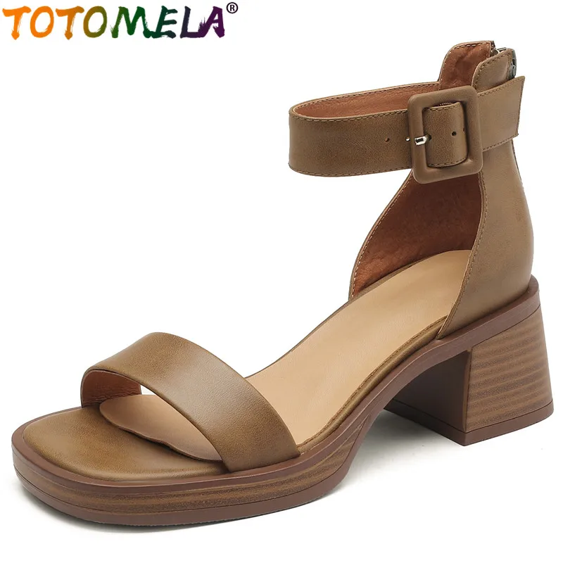 

TOTOMELA Size 34-40 New Ankle Strap Genuine Leather Sandals Woman Retro Thick High Heels Sandals Buckle Ladies Summer Shoes