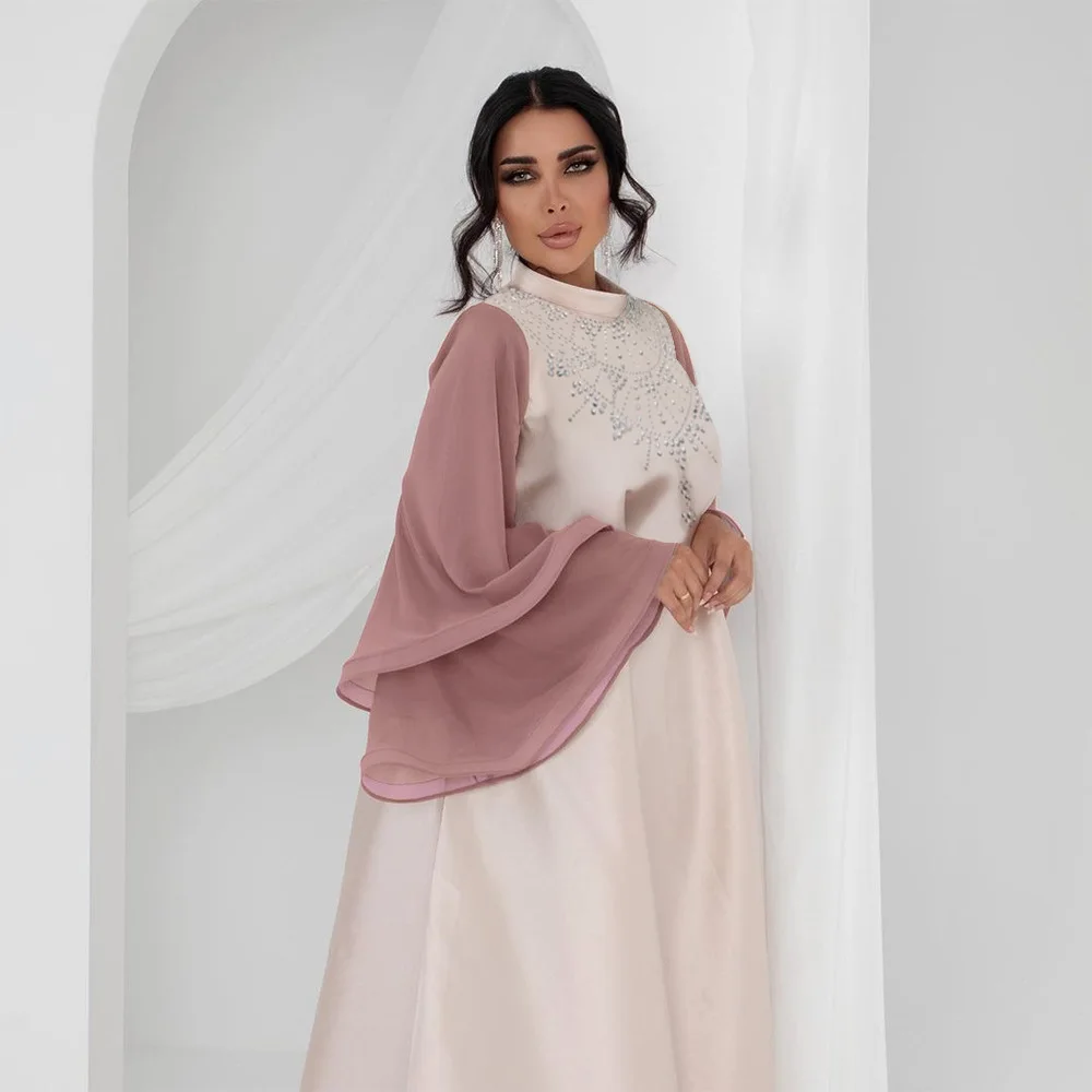 Women Swing Dress Abaya Pink Patchwork Sleeves Office Lady Long Dress Flare Sleeves With Diamond Satin Robe Dress Dubai Muslim