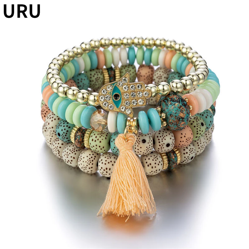 

Modern Jewelry Bohemia Tassle Charm Bracelet 2023 Trend New Multi Layer Stretch Resin Beads Bracelet For Women Girl Dropshipping