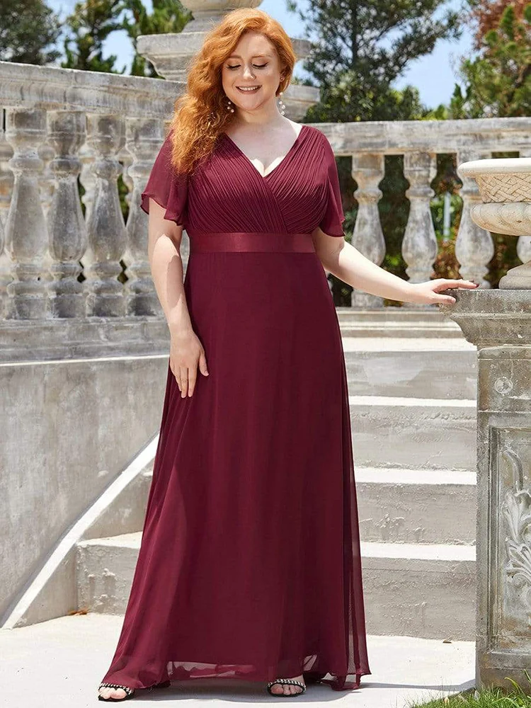 Plus Size Bridesmaid Dress Lotus Leaf Sleeve V Neck Long Dress Large A-line Chiffon Evning Dresses for Women Elegant Gowns