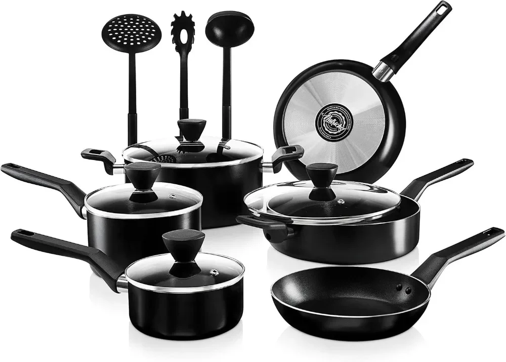 

13 Pcs. Nonstick Kitchen Cookware PTFE/PFOA/PFOS-Free Heat Resistant Kitchenware Set w/Saucepan, Frying Pans, Cooking Pots