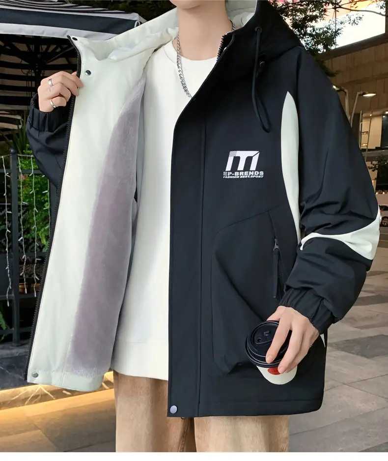 Lässige Herren-Fleecejacken mit dicker Kapuze, modisch, 2025, Herbst-Winter, Jugend-Top, Plüschmäntel, Streetwear, lockere, winddichte, warme Parkas – Detail 15