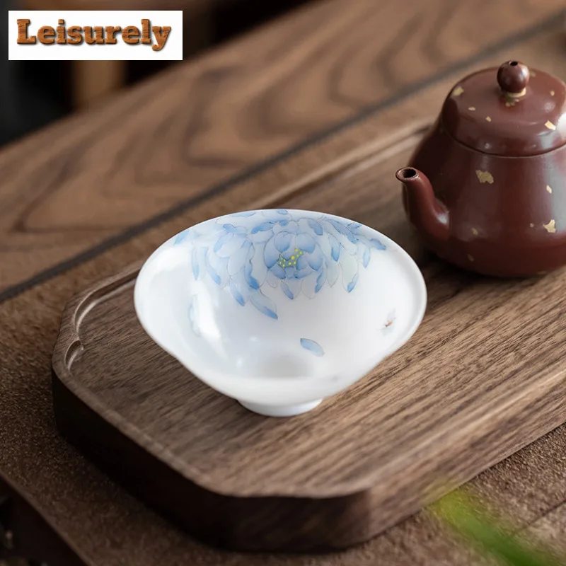 90ml Hand-painted Lotus Bamboo Hat Thin Tire Teacup Luxury Tea Bowl Mug Tea-tasting Meditation Cup Jianzhan Master Cups For Tea