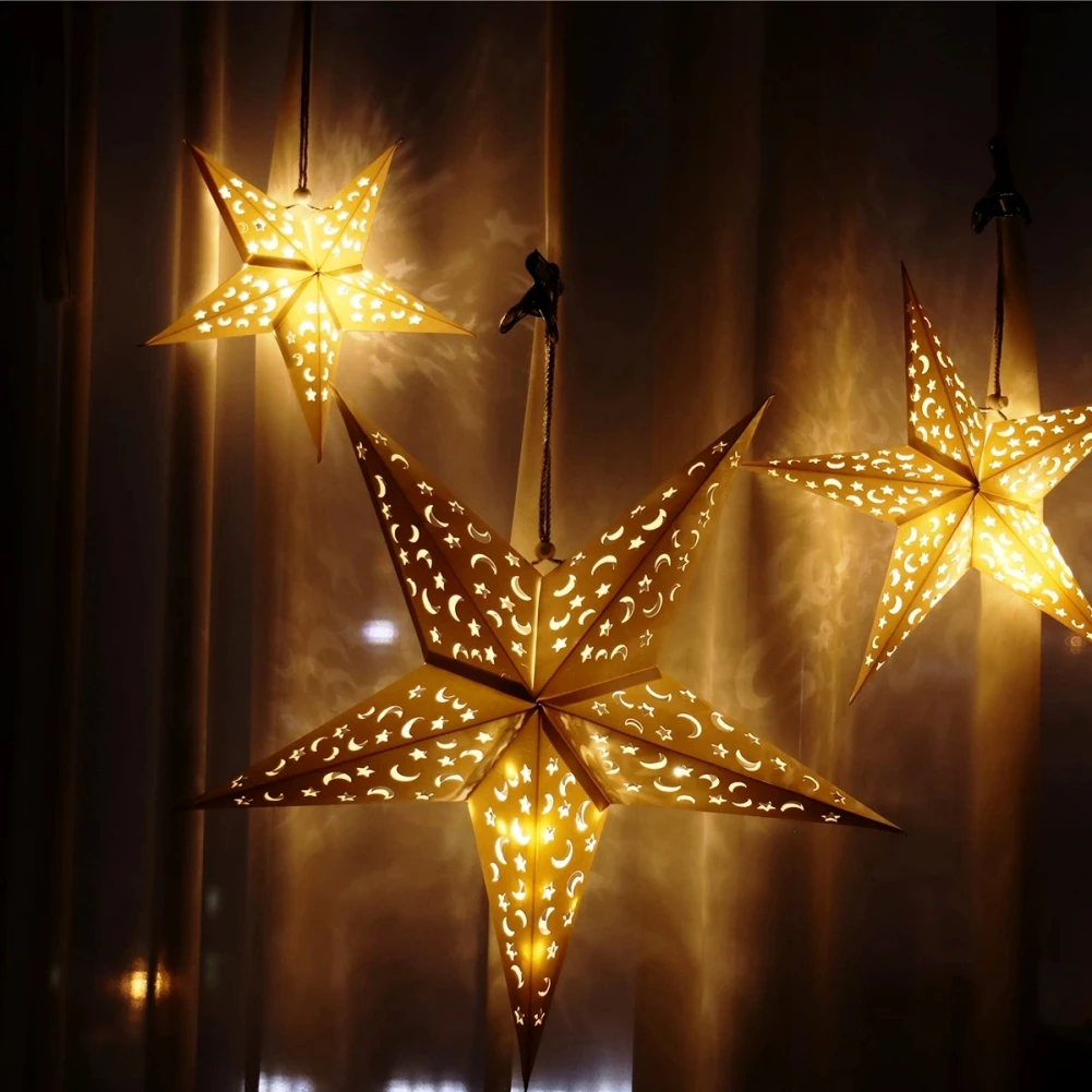 Christmas Star Hanging Decoration with Light Five-pointed Star Paper Pendant for Home Decor Holiday Party Shop Window Decoration