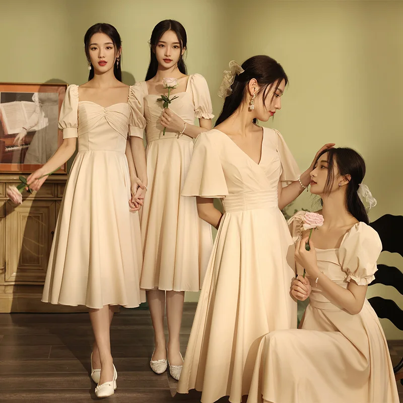 

Puff Sleeve Women Evening Party Dress Champagne Solid Prom Gown Elegant A-line Qipao Bridesmaid Dresses Slim Robe De Soiree