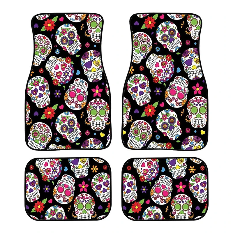 

JUN TEN Retro Skull Printing Universal Car Front And Rear Foot Pads 4pcs, Made Of Neoprene, Suitable For All Seasons