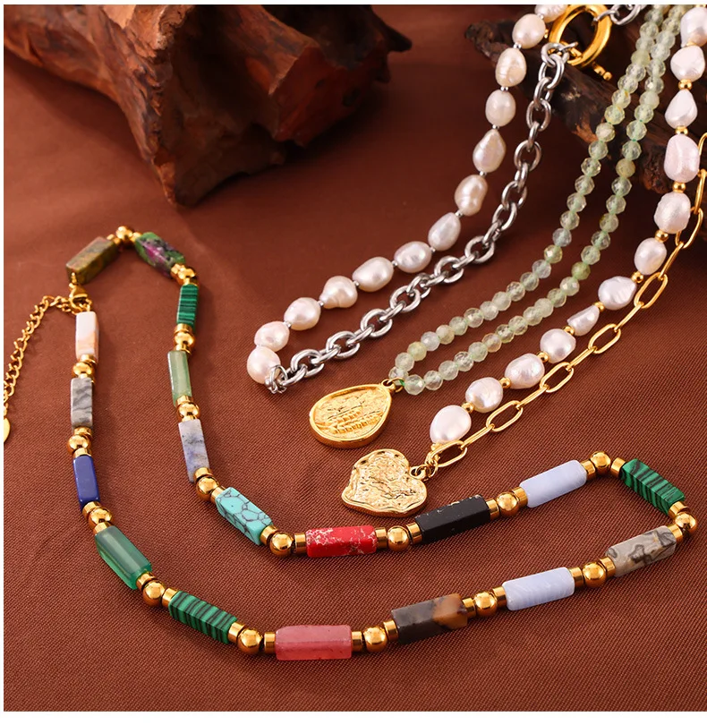 Ethnische Halskette für Frauen Edelstahl Natursteine Kette Perle Perlen Luxus Schmuck Party Hochzeits geschenk – Detail 6