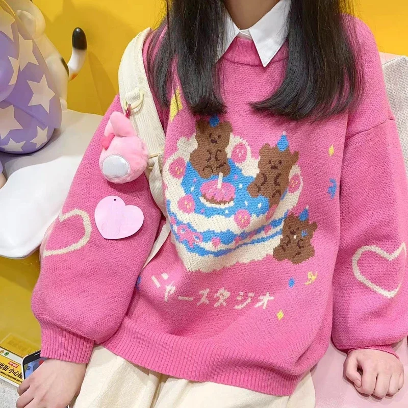 

Японский яркий жаккардовый свитер с круглым вырезом, вязаный пуловер, топ оверсайз Y2K, Повседневная зимняя одежда для девушек в стиле Харадзюку