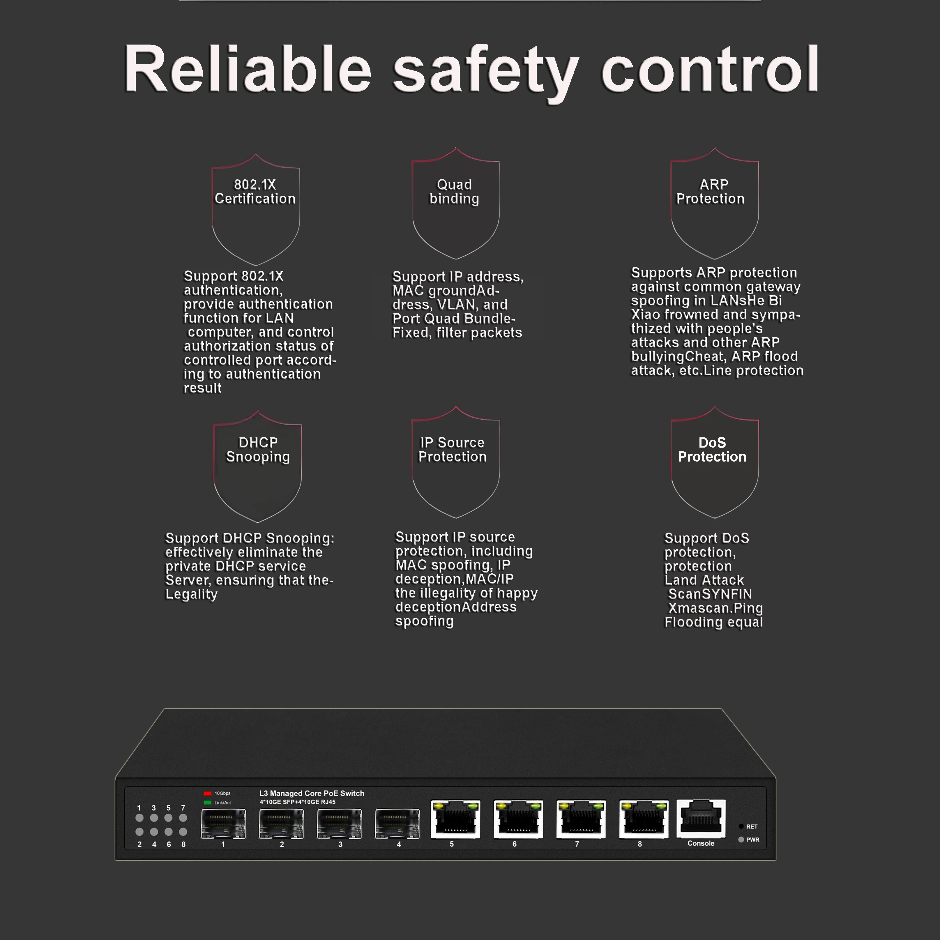 풀 10Gbe 레이어 3 관리형 스위치 | 8포트 L3 10G 스위치 | POE 또는 비 | QOS, DHCP, ACL, IGMP 스누핑, VLAN, 고정 경로, RIP, 미러링