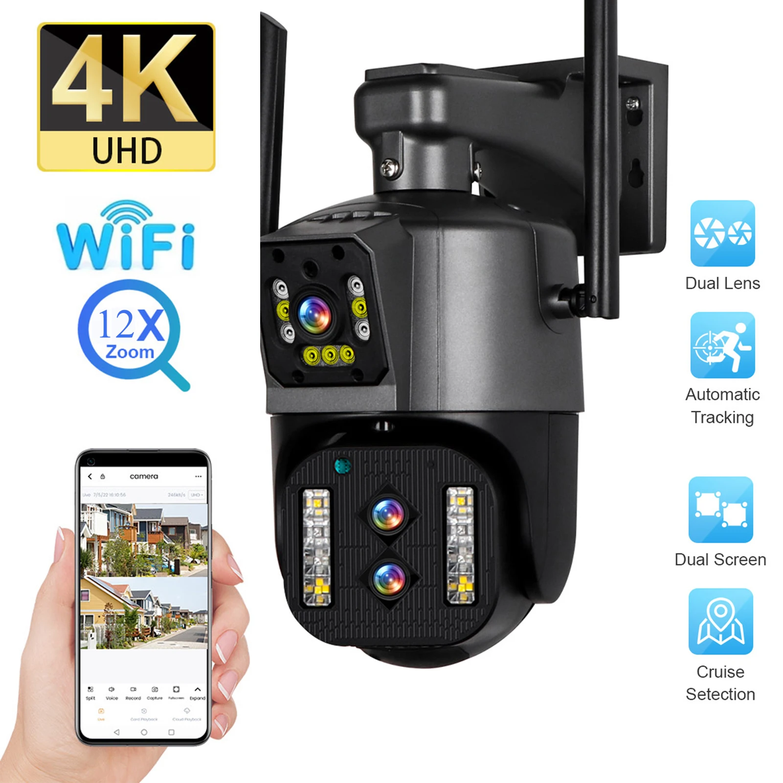 12X Optical Zoom 8MP 4K IP Outdoor WiFi PTZ Three Lens Dual Screen Camera Auto Tracking Voice Talk Waterproof Security CCTV Cam