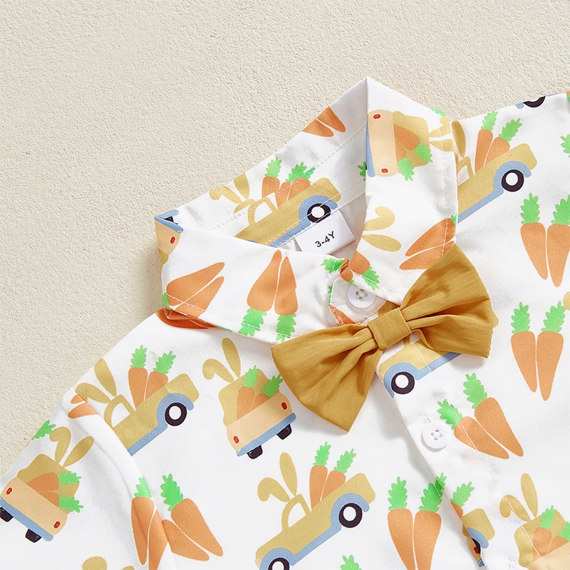 Pudcoco Baby Toddler Boy Easter Outfit Carrot Short Sleeve Button-up Bowtie Shirt Solid Shorts 2 Pcs Set 6M-4T