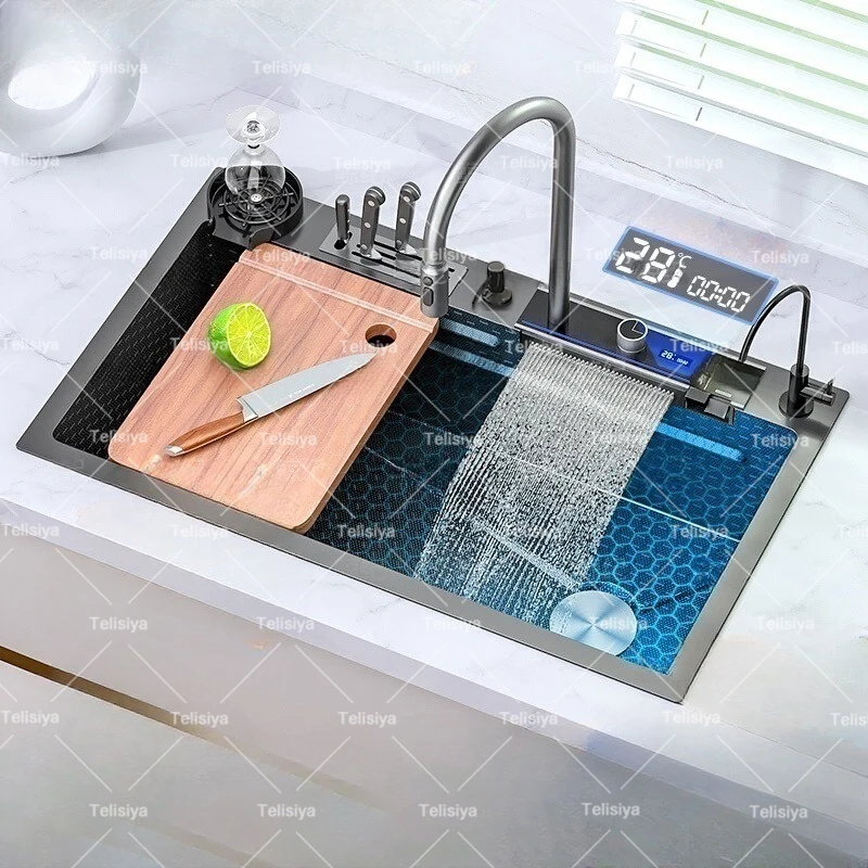 Stainless Steel Kitchen Sink Digital Display Waterfall Sink Embossed Large Single Slot Multifunctional Dishwashing Sinks 6