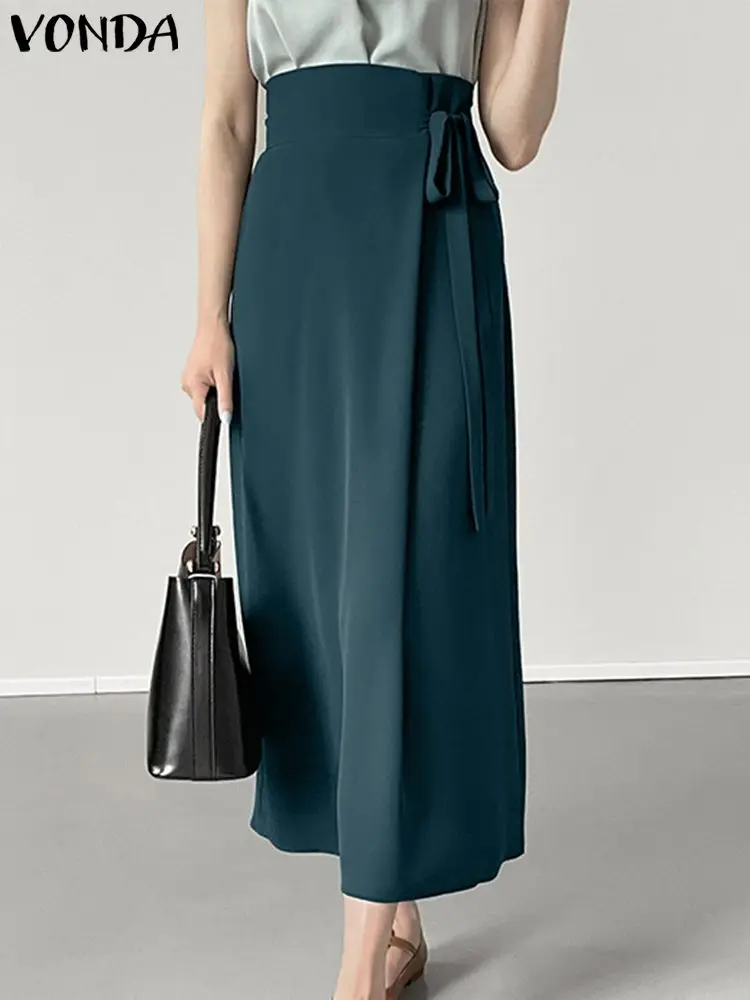 

Elegant VONDA Women Long Skirts 2024 Fashion Autumn Skirts Casual OL Solid Color Tie up Vintage Loose Bottoms Oversized Femme