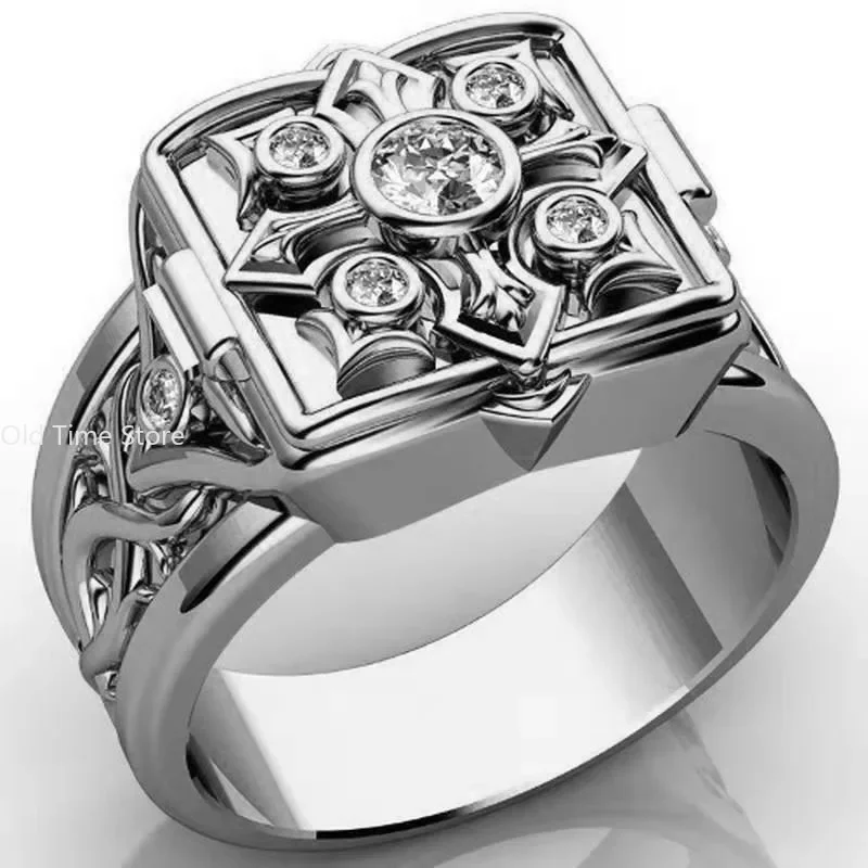 Vintage Punk Men's Ring Secret Compartment Carved Micro Set Zirconia Ring Pirate Jewelry finger rings fashion rings fashion ring metal rings punk rings stackable rings