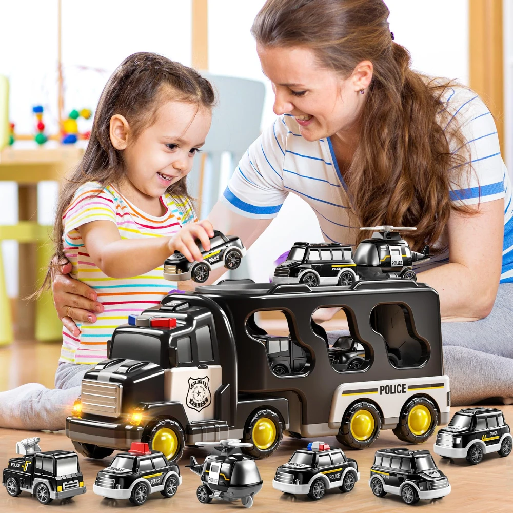 WizKidz Police Truck Toys for Boys & Girls - Carrier Vehicle Set with 5 Mini Cars & 1 Helicopter for Kids Age 3+ Christmas Gift 6