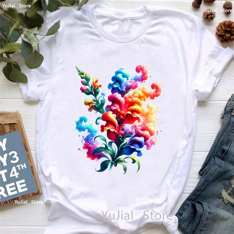 Bunte Rauch blume gedruckt T-Shirt T-Shirt Damen bekleidung Sommer mode Kurzarm T-Shirt Femme lässig weiß T-Shirt – Detail 4