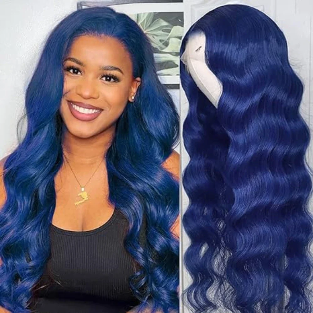 

13x4 Long Dark Blue Wavy Wig Middle Part Wig Glueless Wigs Synthetic Wig Curly Wigs for Cosplay Synthetic Heat Resistant Wigs