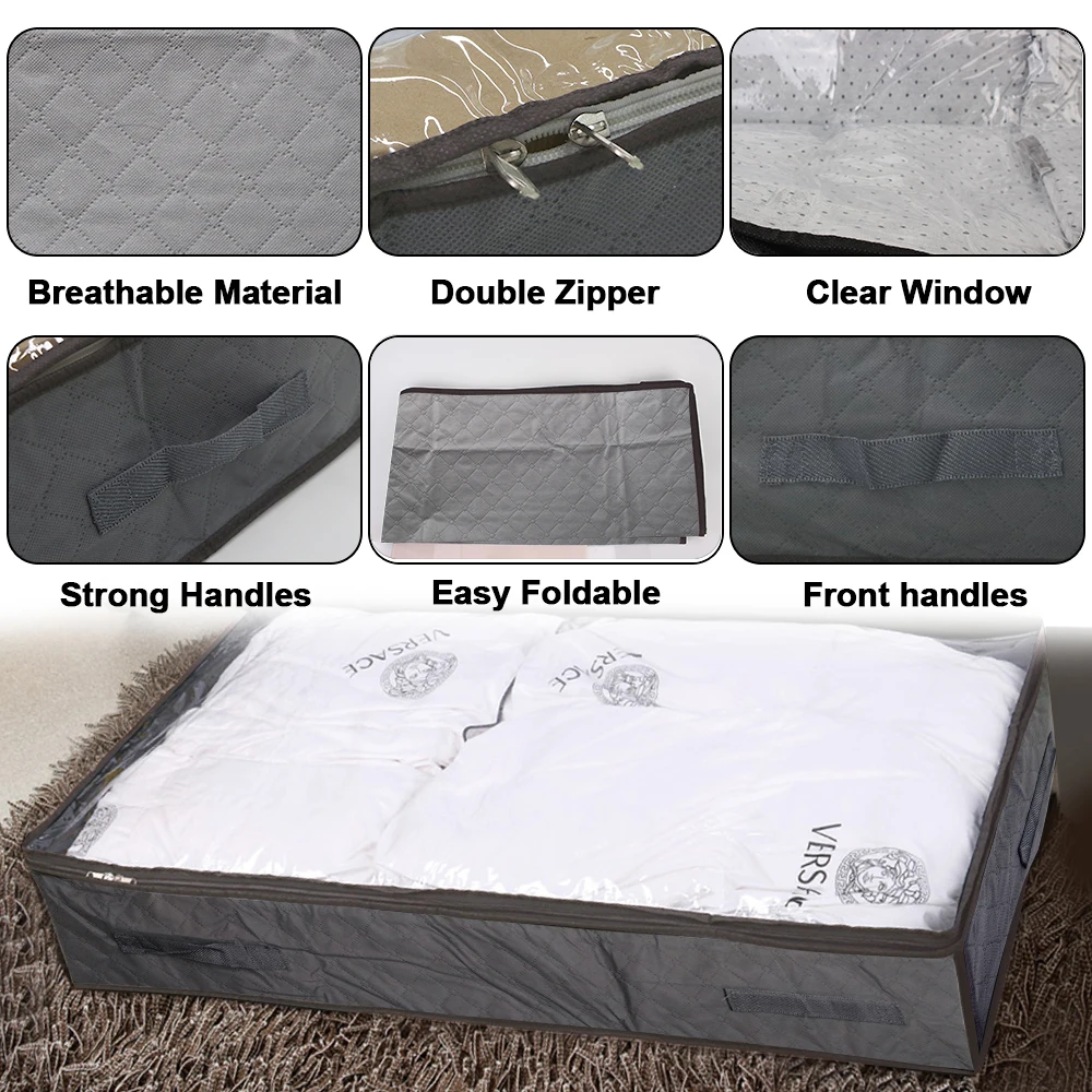 Thick Breathable 2 Pcs Foldable Under Bed Bags Under Bed Storage Boxes Underbed Clothes Storage Bags Zippered Organizer 4