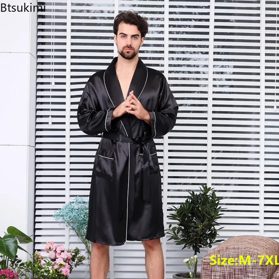 2024 New Men's Thin Pajamas Robes Bathrobe Black Lounge Silk Satin Nightwear for Men Comfort Noble Dressing Gown Male Homewear