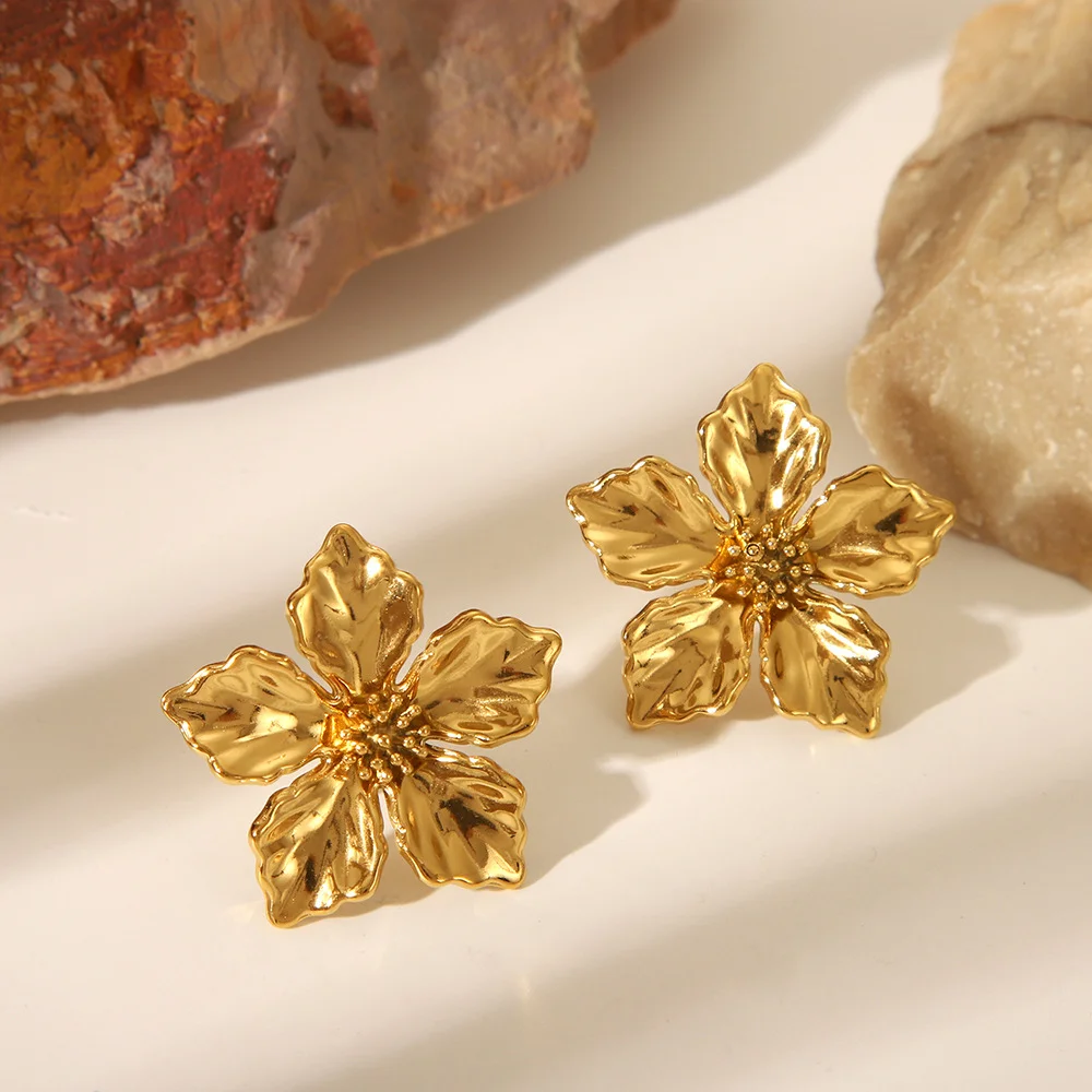 Trendy Golden Flower Earrings for Women Waterproof Stainless Steel Stylish Ear Accessories on Instagram 3