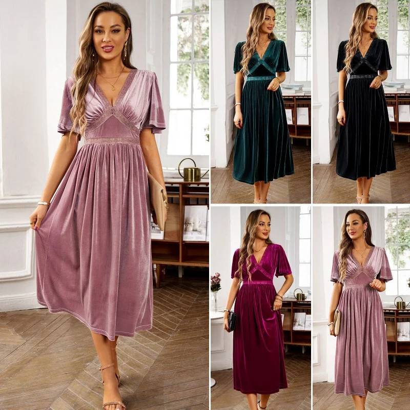 

DY-Velvet Dress Autumn ElegantVCollar Short Sleeve Dress