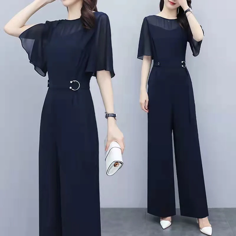 

Vrouwen Hoewel Straight Jumpsuit Batwing Korte Mouw O-hals Romper Algehele Zomer Outfit Kantoor Dame Wijde Pijpen Elegante