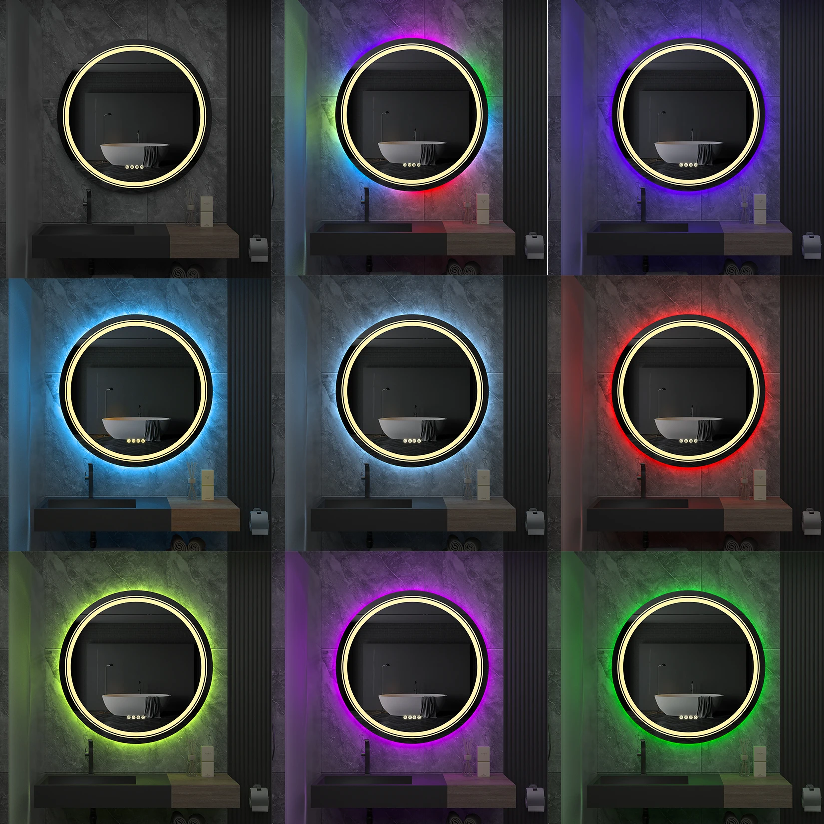 Large Round Lighted Bathroom Mirror RGB Color Changing LED Mirror Dimmable Anti-Fog Backlit Mirror RGB Multicolor Backlit 6