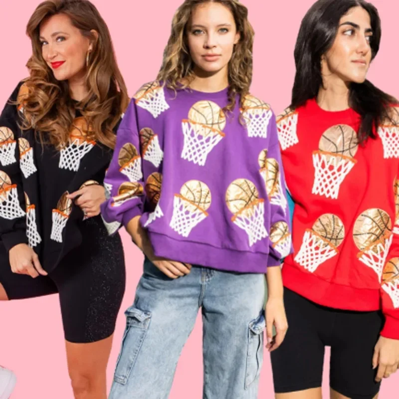

Basketball Sequin Knitted Hoodies Women Spring 2024 Fashion European America Casual Embroidered Shooting Montage O-neck Pullover