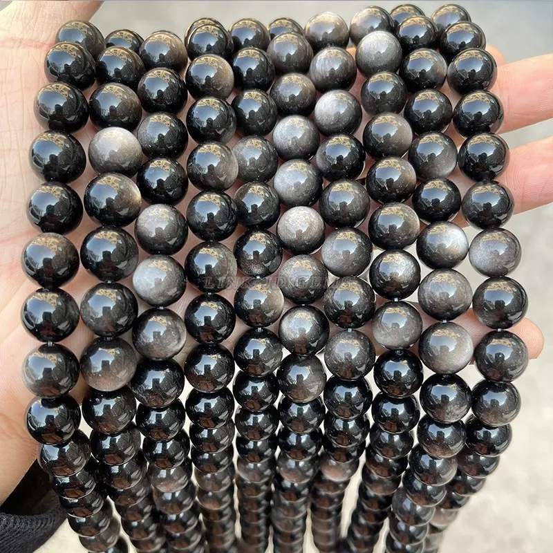 7A Natural Stone Silver Obsidian Beads Round Loose Stone Bead 6 8 10 12 14mm for Jewelry Making DIY Bracelet Accessories 15 Inch