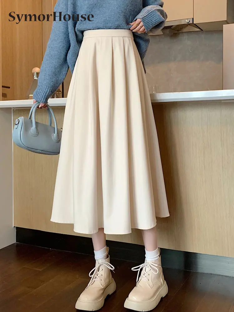 

Spring Summer Autumn Elegant Women Pleated Skirts Elastic High Waist Office Ladies Casual Simple Loose A-Line Midi Skirt Female