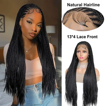 13X4 Lace Frontal Braiding Faux Locs Long Wig Goddess Twist Box Braided Synthetic Frontal Wigs For Black Women Bleached Knotless
