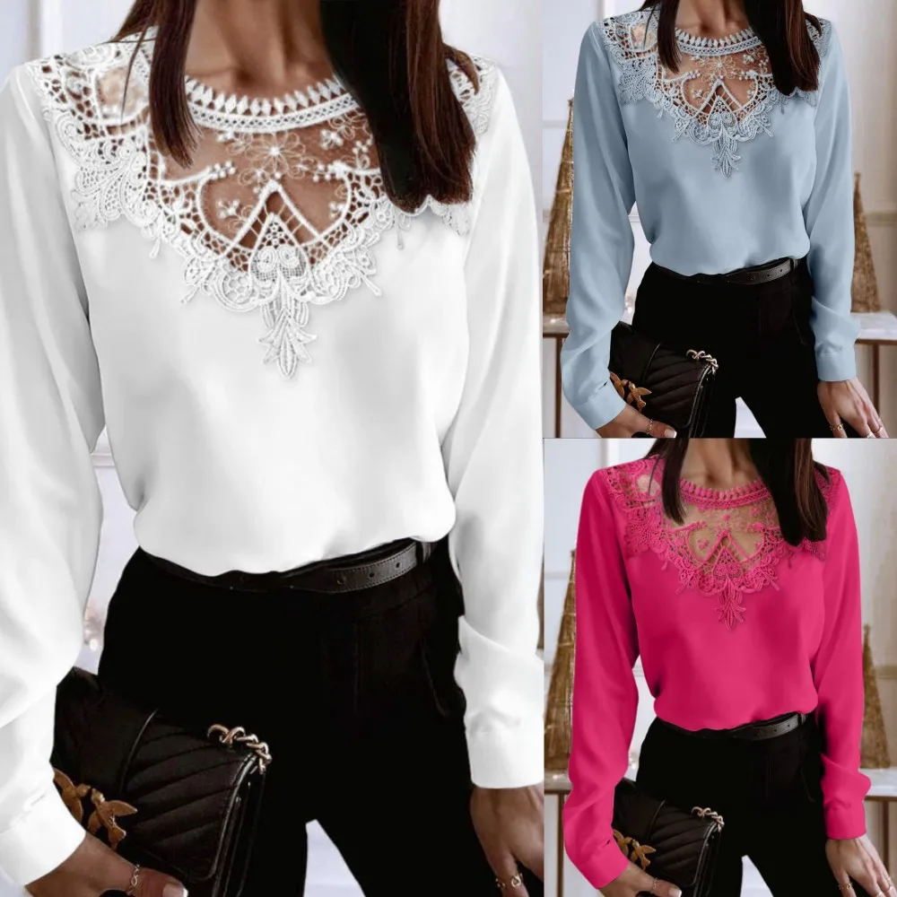 

Spring Long-sleeved Solid Color Lace Round Neck Elegant Slim Fit Shirt For Women's Office Elegant And Comfortable Women's Top