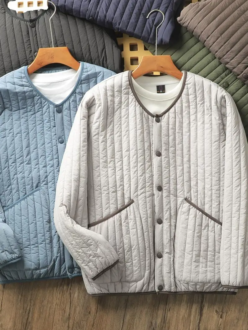 Autunno inverno Vertical Stripes Jacket uomo giapponese retrò spesso leggero o-collo grandi tasche Top Warm Stand Collar cappotto imbottito 4