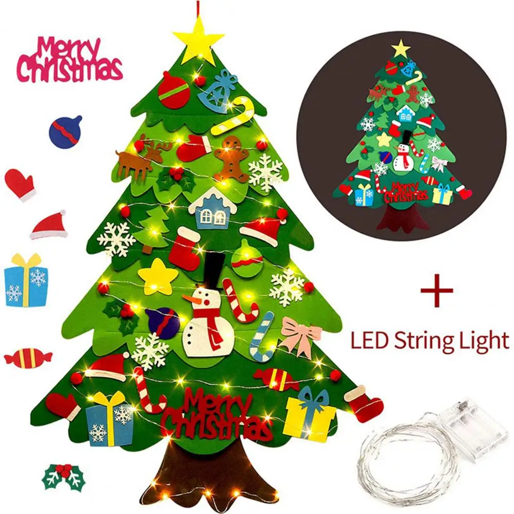 Hanging Christmas Tree for Door Plush Christmas Tree for Kids Montessori Felt Set with Ornaments Lights Kids
