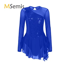 Womens Ballet Dance Dress Glittery Sequins Sheer Mesh Patchwork Dress Dancewear for Dance Figure Ice Skating Competition