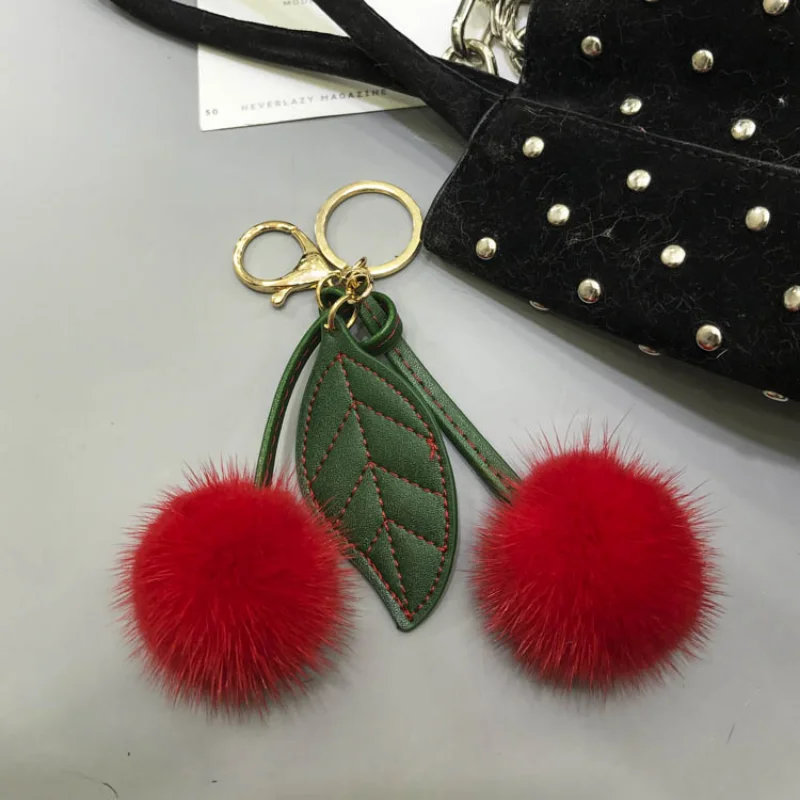 Cherry New Arrival Handmade Keychain with Real Mink Fur, Cute Design for Women Girls, Keychain Accessory for Bags Cars, Gifts