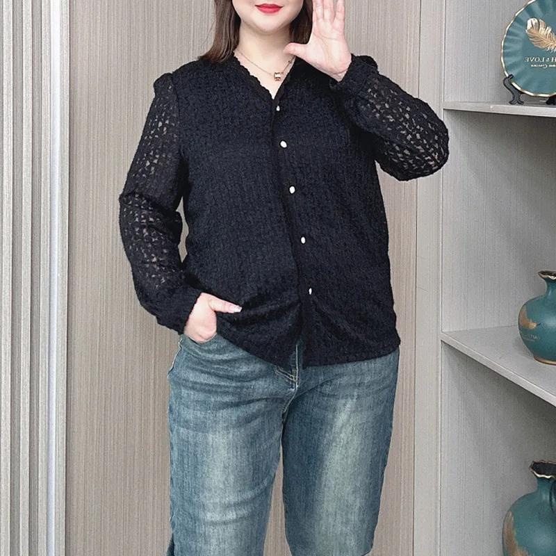 V-neck Lace Shirt for Women, Long Sleeve, Loose Blouses, New Temperament, Plus Size, Autumn and Winter, 2427