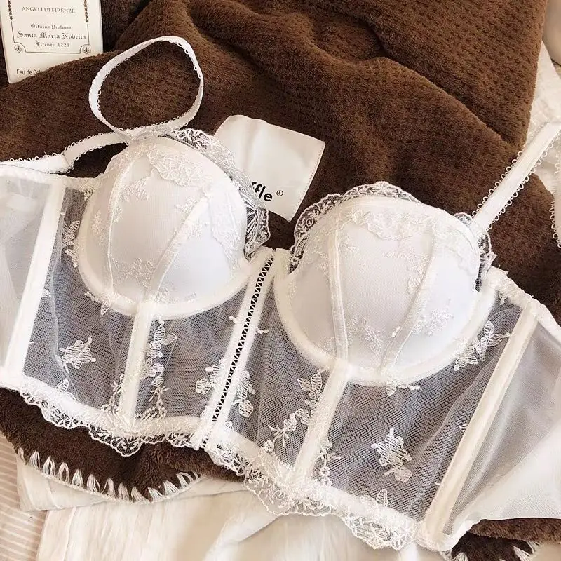 Ensemble soutien-gorge corset longue coupe demi-bonnet vintage français en dentelle brodée, lingerie sexy push-up avec maintien de la poitrine et effet sculptant, ensemble de lingerie 2 pièces