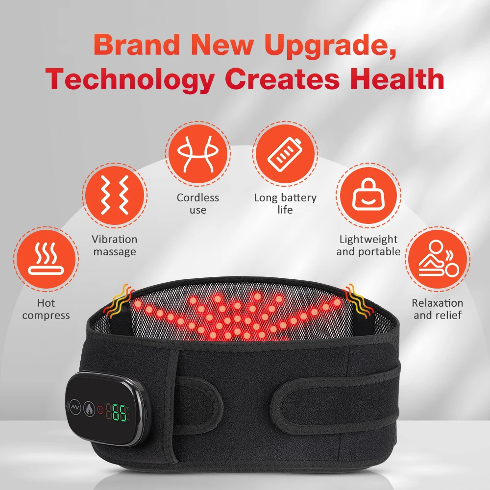 Cordless Heating Vibration Waist Massage Belt Red Light Hot Compress Lumbar Support Back Massager Adjustable Support Brace