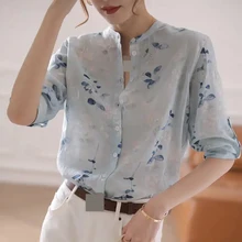 

Hemp women's summer dress 2021 new high-end ramie shirt fashion silk and linen shirt ladies tops button up shirt