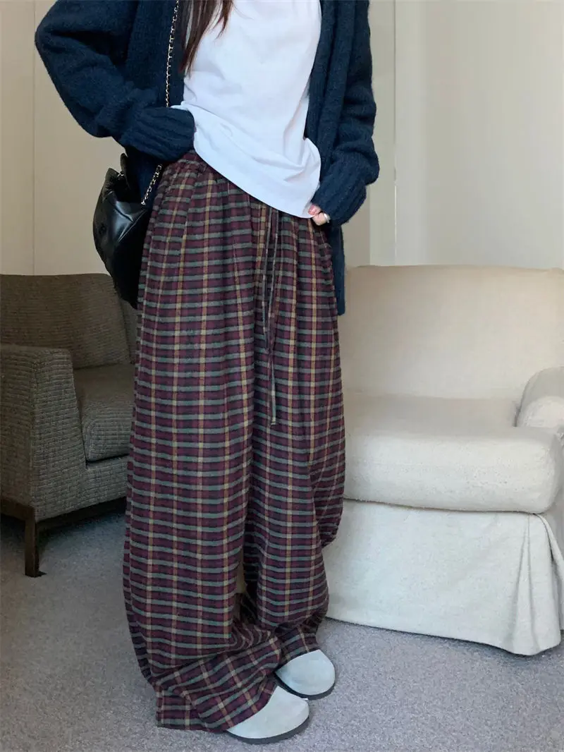 Fashion Korean street plaid wide leg pants women autumn Japanese style high waist y2k personality casual floor mopping pants