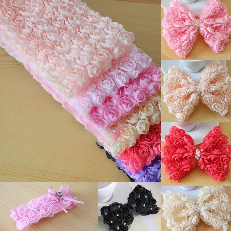 Rose Flower 3D Chiffon Lace Trim Ribbon Fabric for Applique Sewing Wedding Headdress Decoration Accessories 5yards/roll 14colors silk satin ribbons fabric flowers