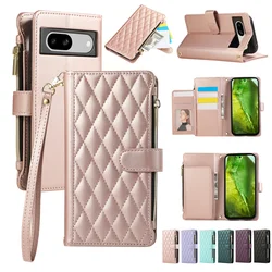 Leather Wallet Phone Case with Crossbody Wrist Strap and Magnetic Card Slot - Zippered Accessory Bag Cover - Pixel 6 (Pink)